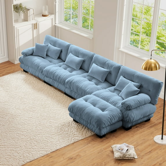 FFH Modular Cloud Sofa, 173.2" Oversized 4 Seater L-Shaped Sectional Couch, Tufted Modern Sofa with Deep Seat (Chenille Blue, 4 Seater with 1 Ottoman)