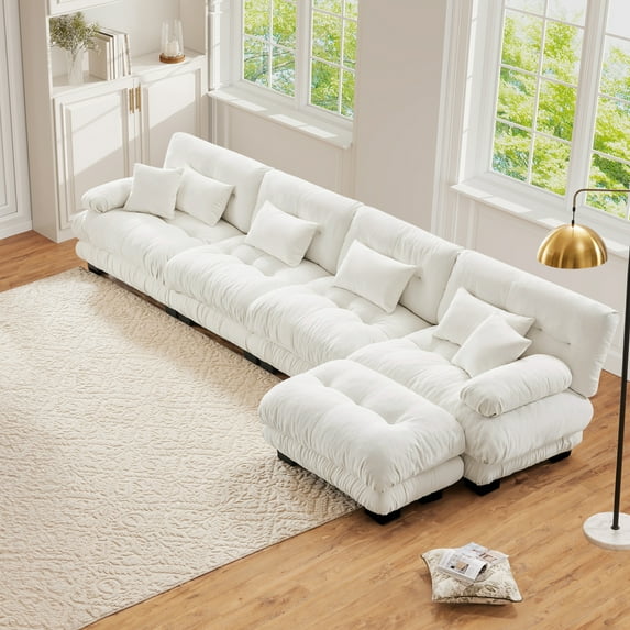 FFH Modular Cloud Sofa, 173.2" Oversized 4 Seater L-Shaped Sectional Couch, Tufted Modern Sofa with Deep Seat (Chenille White, 4 Seater with 1 Ottoman)