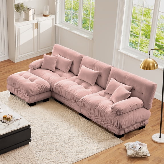 FFH 133.8" Oversized Cloud Sofa, Sectional Couches with Ottoman, Modern 3 Seater L Shaped Sofa for Living Room (Chenille Pink, 3 Seater with 1 Ottoman)