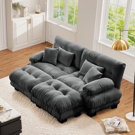 FFH Loveseat with Chaise, 94.4" Oversized U Shaped Cloud Sofa, Modular Sectional Sleeper Sofa (Chenille Dark Gray, 2 Seater with 2 Ottomans)