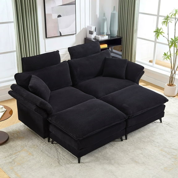 FFH Modular Sectional Sofa Couch with 2 Removable Headrests,85.8" X 60" Sleeper Sofa Bed Set Queen Size,Loveseat Sofa,Upholstered Corduroy Sofas for Living Room,Apartment,Studio,Office(Black)