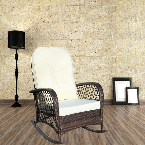 FFH Outdoor Wicker Rocking Chair, Rattan Rocker Accent Armchair for Patio, Garden, Backyard, Beige Cushion