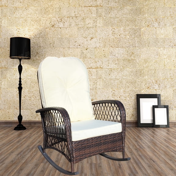 FFH Outdoor Wicker Rocking Chair, Rattan Rocker Accent Armchair for Patio, Garden, Backyard, Beige Cushion
