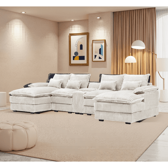 FFH 125" Modular Sectional Sofa with Double Chaise Oversized U Shaped Cloud Couch for Living Room, 4-Seat, Storage Console, USB Ports, Corduroy Beige