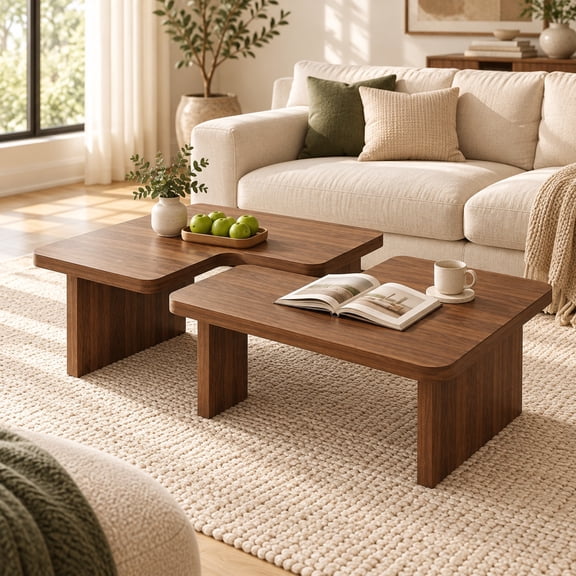 FHKJ Coffee Table Set, 2-Piece Adjustable Wood Tables, Brown