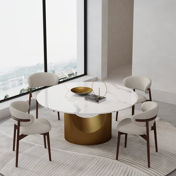 FHKJ HOME 60" Round Dining Table for 6, Sintered Stone Modern Kitchen Table, Glossy White & Gold