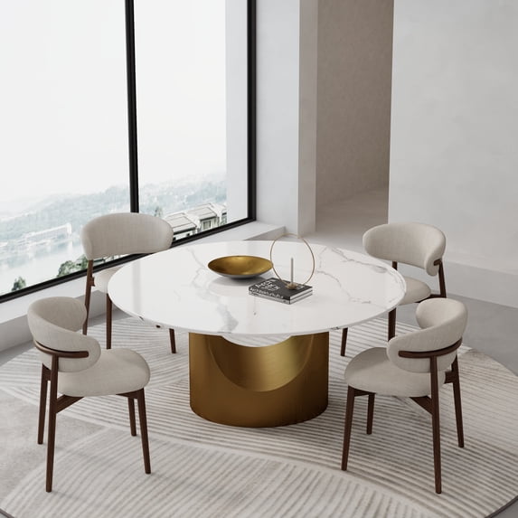 FHKJ HOME 60" Round Dining Table for 6, Sintered Stone Modern Kitchen Table, Glossy White & Gold