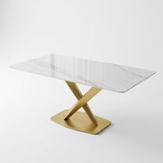 FHKJ HOME 63" Rectangular Dining Table for 4-6, Sintered Stone Top & Gold X-Base Kitchen Table