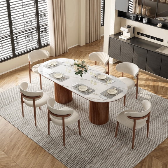 FHKJ HOME 71" Oval Dining Table for 6, White Sintered Stone & Wood Dual-Pedestal Kitchen Table
