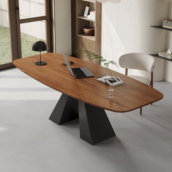 FHKJ HOME 86" Large Rectangular Dining Table for 8-10, Solid Wood Veneer & Metal Base, Brown