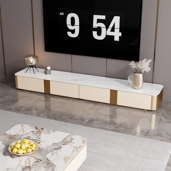 FHKJ HOME 94.5" Extra Long TV Stand for 85+ Inch TVs, Sintered Stone Media Console, White & Gold