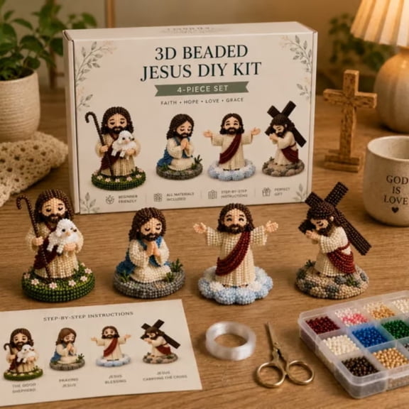 FHLFN717 3D Beaded Jesus DIY Kit Religious Beaded Crafts for Christian Crafters, Create Your Own Holy Figure, Complete DIY Kits for Adults with Step by Step Guide, Inspirational Tabletop Decor