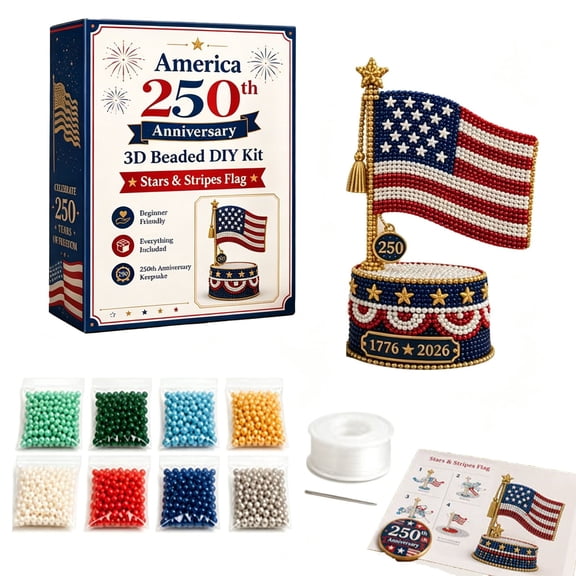 FHLFN717 America 250th Anniversary 3D Beaded American Flag DIY Kit, Patriotic Stars & Stripes Craft Kit for Beginners, Patriotic Collectible Souvenir, Gift for Bead Embroidery Craft Lovers