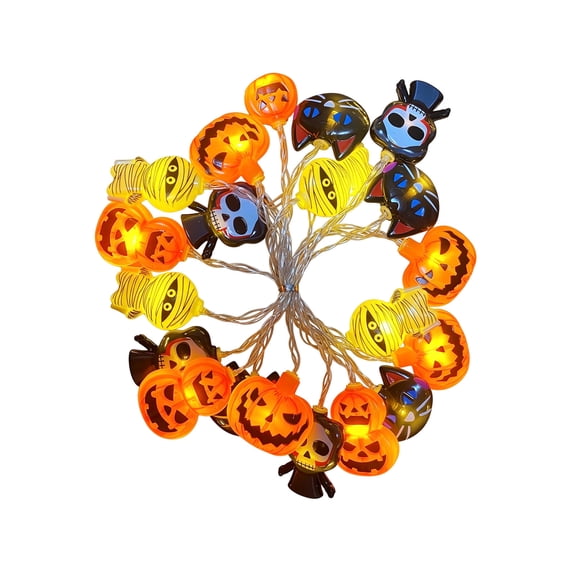 FHLFN717 Halloween LED String Lights, 1.5M Pumpkin Skull Spider Shapes, Warm Glow, Battery Operated, 2 AA Not Included, Indoor Halloween Home Party Light Decor