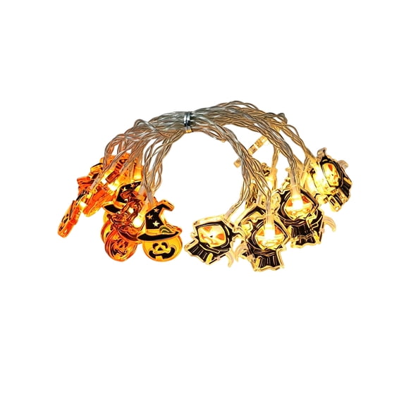 FHLFN717 Halloween LED String Lights, 1.5M Pumpkin Skull Spider Shapes, Warm Glow, Battery Operated, 2 AA Not Included, Indoor Halloween Home Party Light Decor