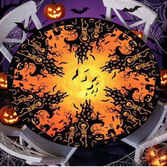 FHLFN717 Halloween Round Fitted Tablecloth with Elastic Edge,Water-Resistant Picnic Pumpkin Witch Castle Bat Spider Web Table Cover for 40-44" Found Tables Table Cloth for Dinner,Outdoor,Patio