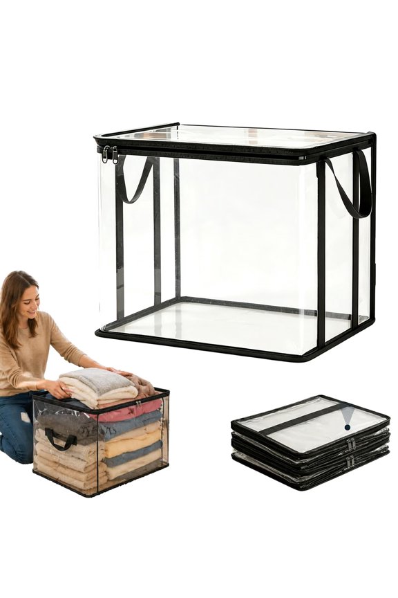 Large Heavy-Duty Thick Plastic Clear Storage Bag for Clothes, Moving & Storage, Foldable & Stackable Moving & Storage Organizer with Reinforced Handles, Transparent & Space‑Saving