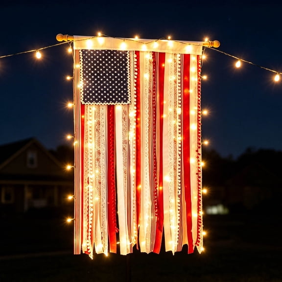 FHLFN717 Lighted Rag American Flag Banner, 27×50in Independence Day Fringed Drapery Blue Star Flag, 1776 Decorative Hanging String Lights Flag, for Outdoor Garden Yard Home Party Decoration
