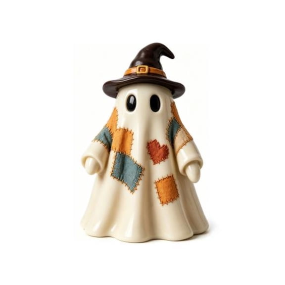 FHLFN717 Patchwork Ghost Figurine, Witch Hat Resin Statue, Halloween Tabletop Decor for Shelf Mantel, Scrappy Spirit Doll for Fall, Rustic Farmhouse Accent