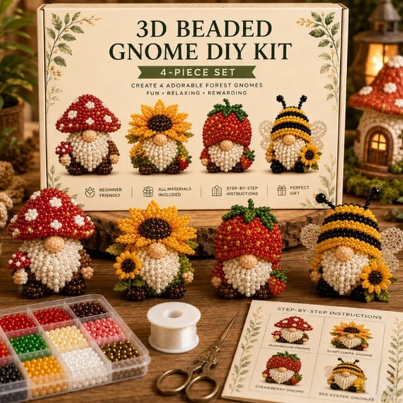 FHLFN717 Tiny 3D Beaded Gnome DIY Kit, Easy DIY Beading Embroidery Kit with 4 Cute Gnome Designs, 3D Animal Themed Beadwork Kit for Beginners & Craft Enthusiasts, with Instructions