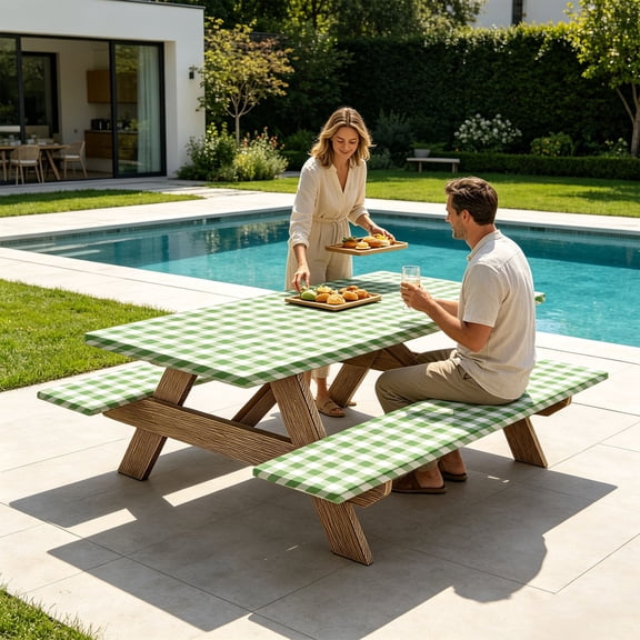 FHLFN717 Vinyl Fitted Picnic Table Cover with Bench Covers and Bag, Outdoor Waterproof Picnic Tablecloth with Elastic Edges, 72x30 Inches 3 Pcs Set
