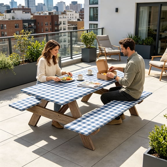FHLFN717 Vinyl Fitted Picnic Table Cover with Bench Covers and Bag, Outdoor Waterproof Picnic Tablecloth with Elastic Edges, 72x30 Inches 3 Pcs Set