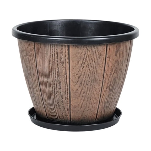 FHLFN717 Wood-Effect Plastic Flower Pot, 12-Inch Planter for Indoor Outdoor Plants, Decorative Potted Container with Drainage Tray for Gardening Home Decor