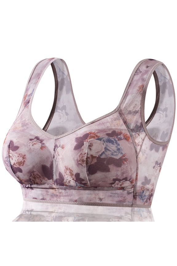 Floral Bras for Older Women Breathable Mesh T-Shirt No Wire Bra for Women Soft Plus Size Comfortable Bra