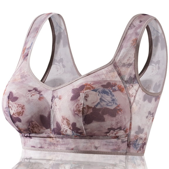FHTECO Floral Bras for Older Women Breathable Mesh T-Shirt No Wire Bra for Women Soft Plus Size Comfortable Bra