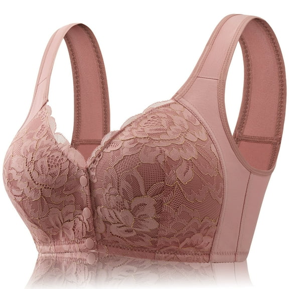 FHTECO No Underwire Lace Bras for Women Sponge Cup Front Closure Bras for Seniors Plus Size Full Coverage Bras No Wire Bras
