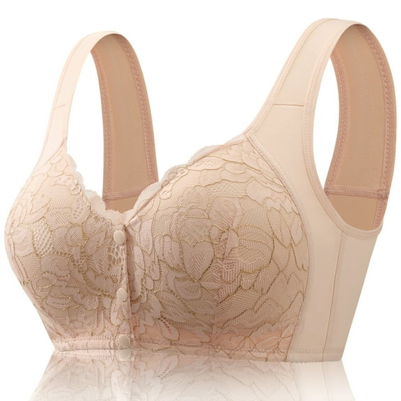 FHTECO No Underwire Lace Bras for Women Sponge Cup Front Closure Bras for Seniors Plus Size Full Coverage Bras No Wire Bras