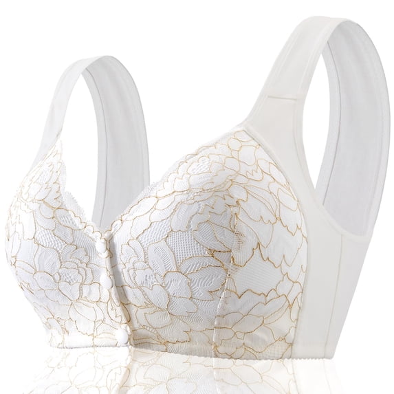 FHTECO No Underwire Lace Bras for Women Sponge Cup Front Closure Bras for Seniors Plus Size Full Coverage Bras No Wire Bras