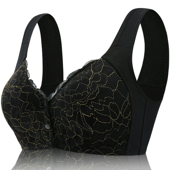 FHTECO No Underwire Lace Bras for Women Sponge Cup Front Closure Bras for Seniors Plus Size Full Coverage Bras No Wire Bras
