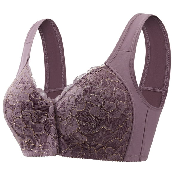 FHTECO No Underwire Lace Bras for Women Sponge Cup Front Closure Bras for Seniors Plus Size Full Coverage Bras No Wire Bras