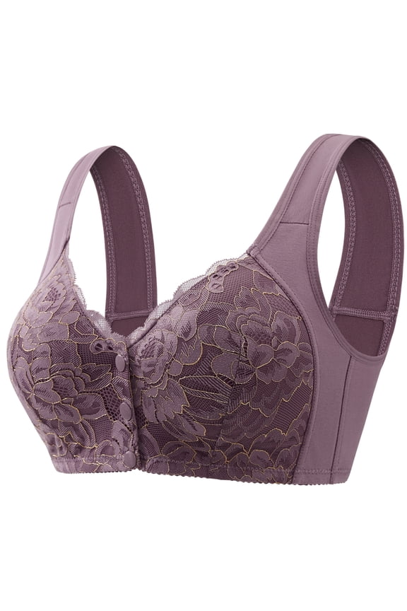No Underwire Lace Bras for Women Sponge Cup Front Closure Bras for Seniors Plus Size Full Coverage Bras No Wire Bras