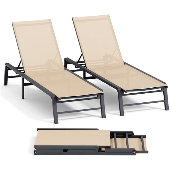 FHVIT Aluminum Chaise Lounge Chair Outdoor, Foldable Assemble-Free Patio Lounge Chair with 5 Adjustable Backrest for Poolside Beach Lawn 2 Set Flaxen