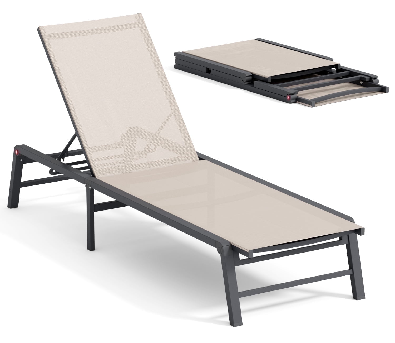 FHVIT Aluminum Chaise Lounge Chair Outdoor, Foldable Assemble-Free Patio Lounge Chair with 5 Adjustable Backrest for Poolside Beach Lawn Beige
