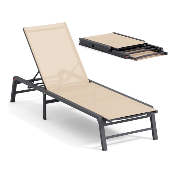 FHVIT Aluminum Chaise Lounge Chair Outdoor, Foldable Assemble-Free Patio Lounge Chair with 5 Adjustable Backrest for Poolside Beach Lawn Lounge for Tanning Poolside Yard Deck Chairs Flaxen