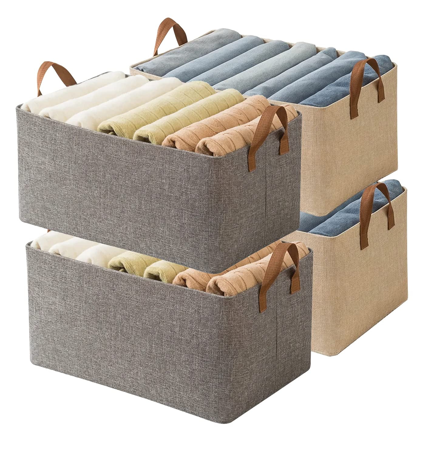 FHWM 4 Pcs Closet Clothes Organizer with Handle, Fabric Storage Box with Steel Frame Stackable Shelf Storage Baskets Foldable Wardrobe Storage Box for Clothes Toys, 23L (2 Gray 2 Beige)