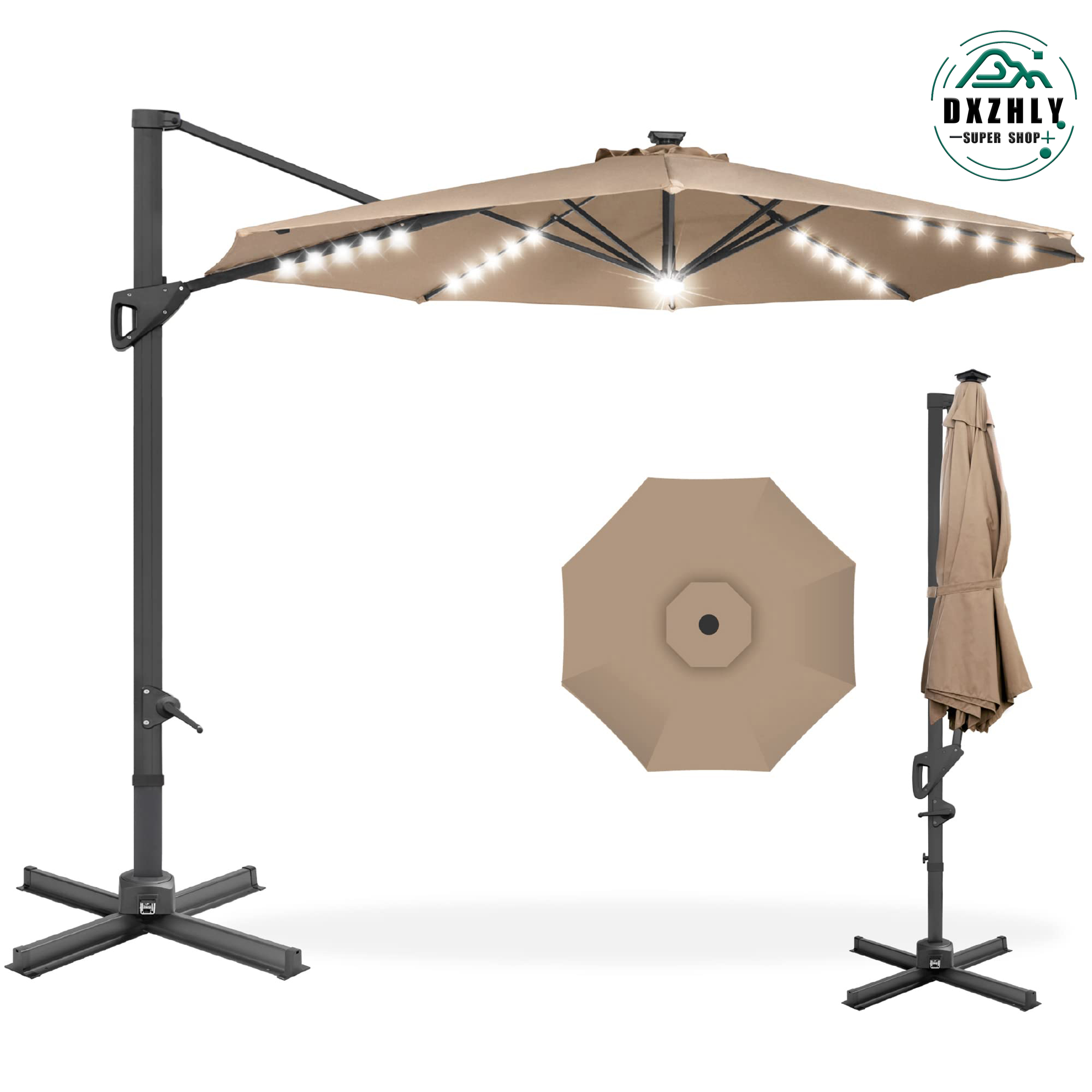 FHWMLC 10ft Solar LED Cantilever Patio Umbrella, 360Degree Rotation