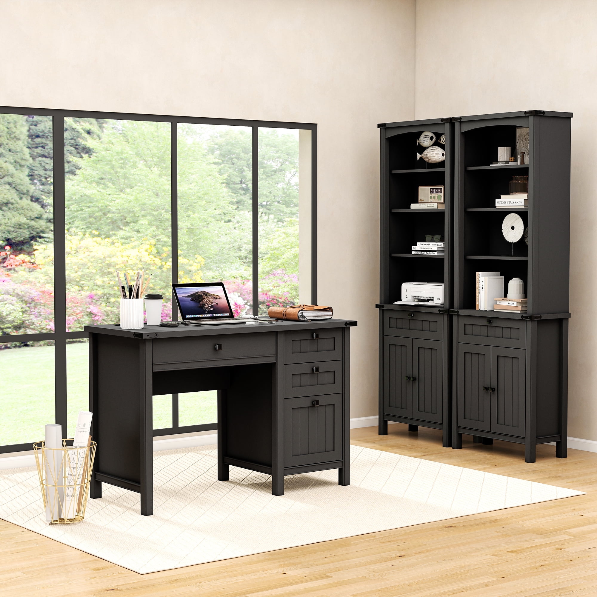 FIAKOA 3 PC Home Office Desk Set, Executive Office Desk Set with Charging Station & Bookshelf Set , Black