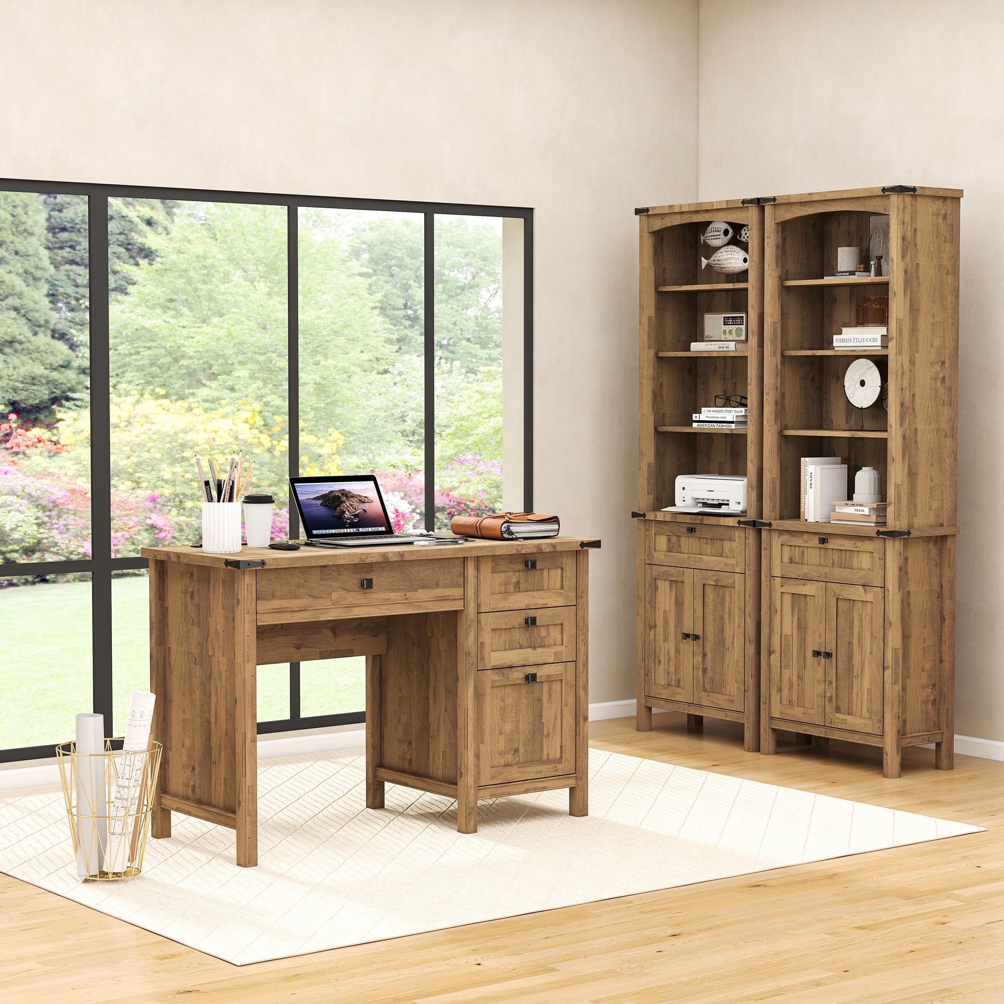 FIAKOA 3 PC Home Office Desk Set, Executive Office Desk Set with Charging Station & Bookshelf Set , Nature