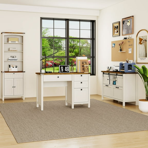 FIAKOA 3 PC Home Office Desk Set, Executive Office Desk Set with File Cabinet & Bookshelf, White