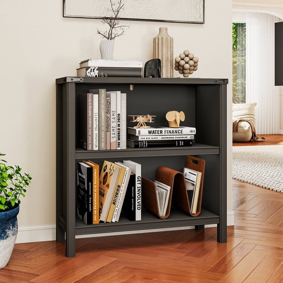 FIAKOA 3-Tier Black Bookcase, Wooden Display Bookshelf for Office, Adjustable Shelf Nightstand Storage Cabinet for Bedroom