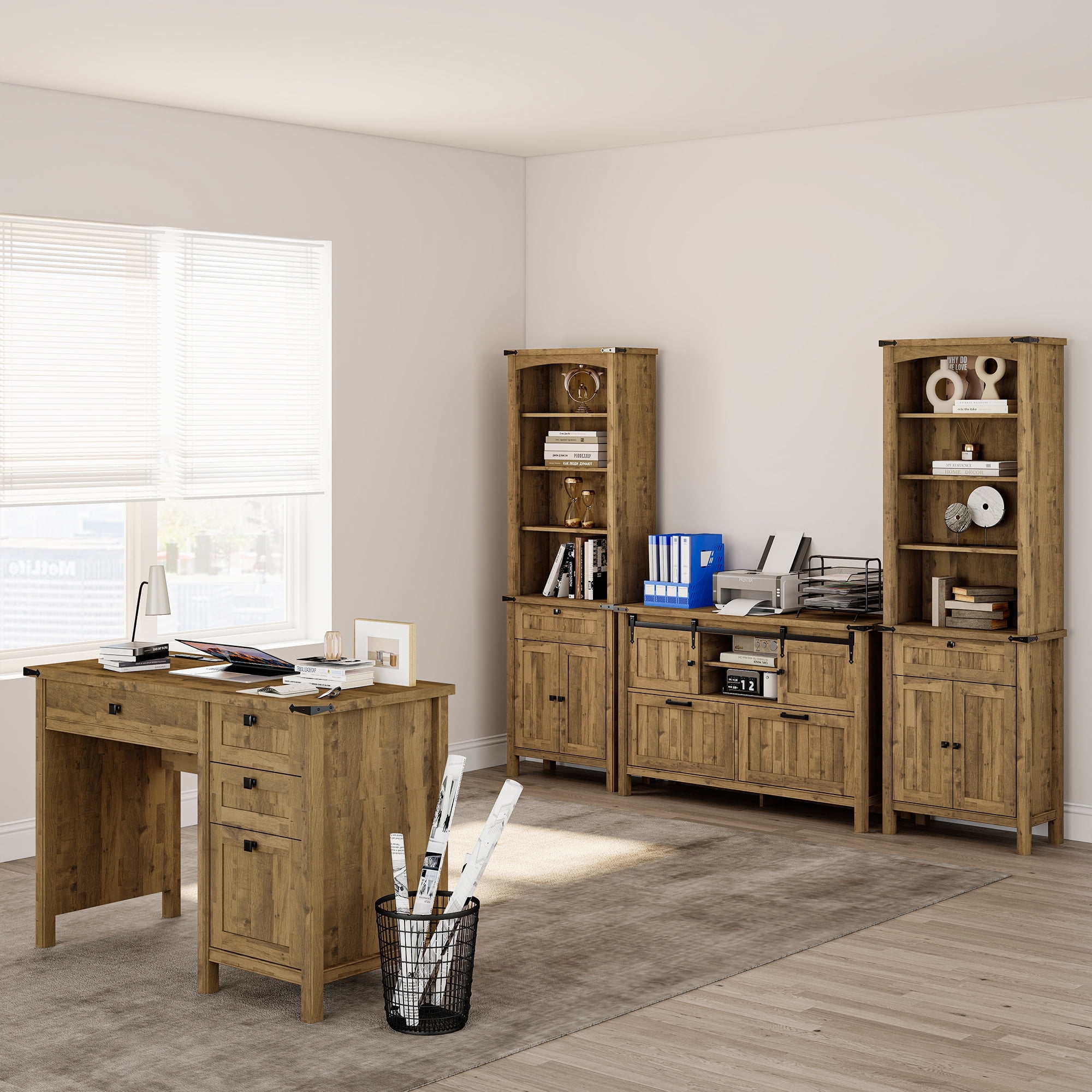 FIAKOA 4 PC Home Office Desk Set, Executive Office Desk Set with File Cabinet & Bookshelf Set , Nature