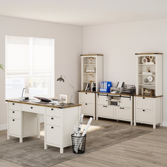 FIAKOA 4 PC Home Office Desk Set, Executive Office Desk Set with File Cabinet & Bookshelf Set , White