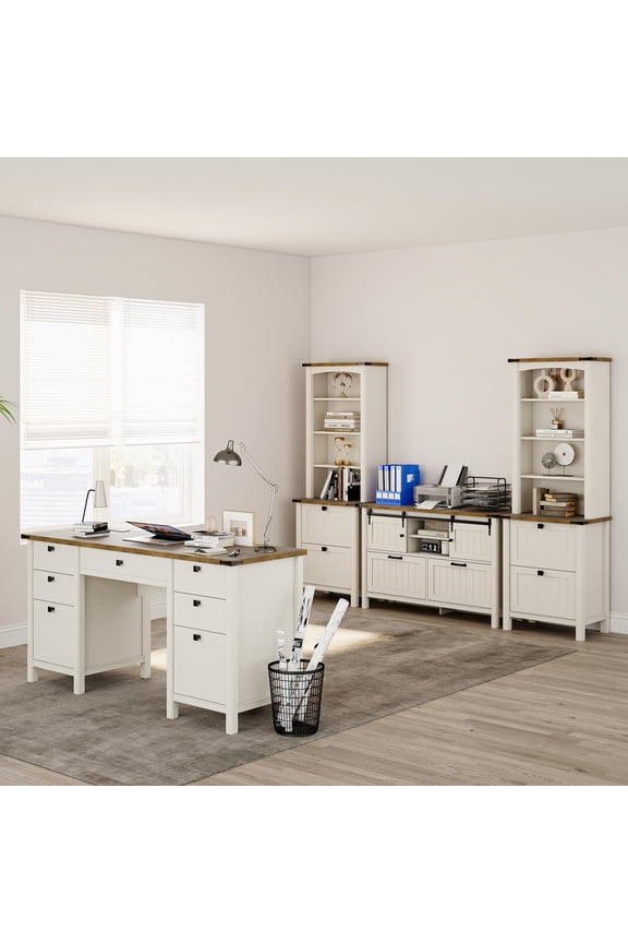 4 PC Home Office Desk Set, Executive Office Desk Set with File Cabinet & Bookshelf Set , White