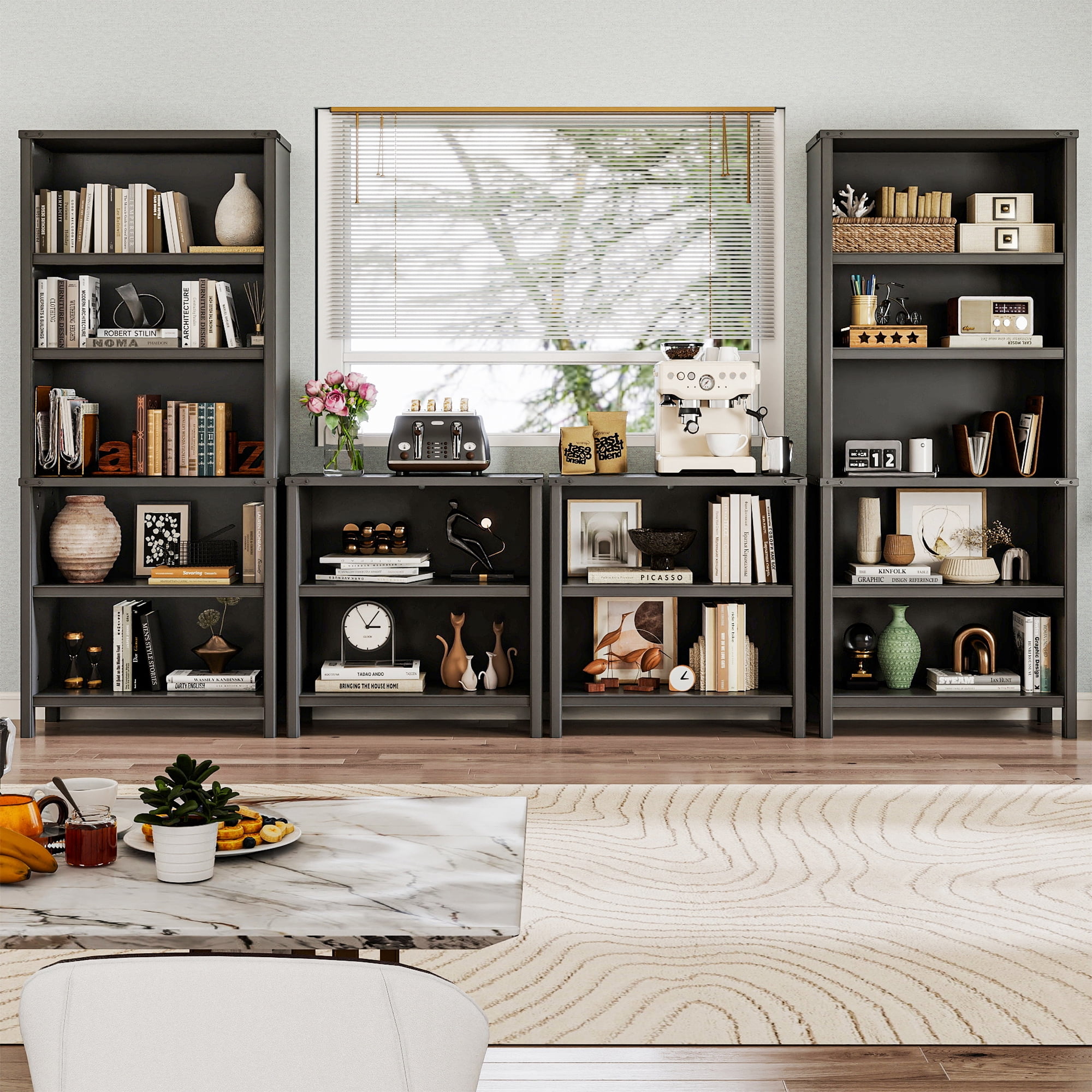 FIAKOA 4-Piece Home Bookshelf Set, 2 Tall 5-Tier & 2 Short Open ...
