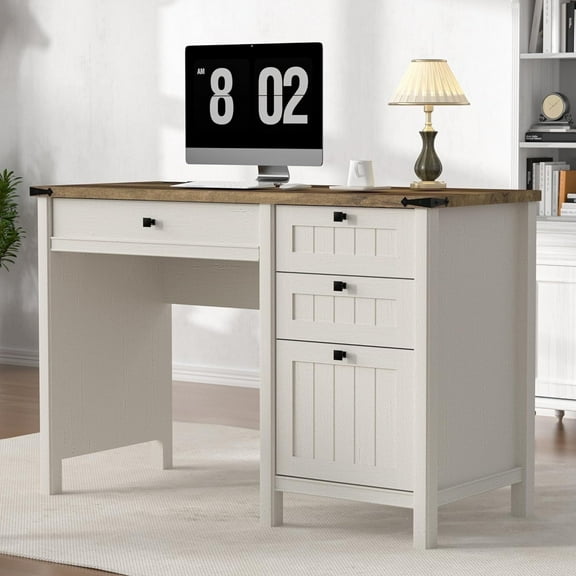 FIAKOA 45"Executive Desk, Modern Farmhouse Computer Desk with Drawers & Cabinet, White Home Office Desk Writing Workspace for Work Study