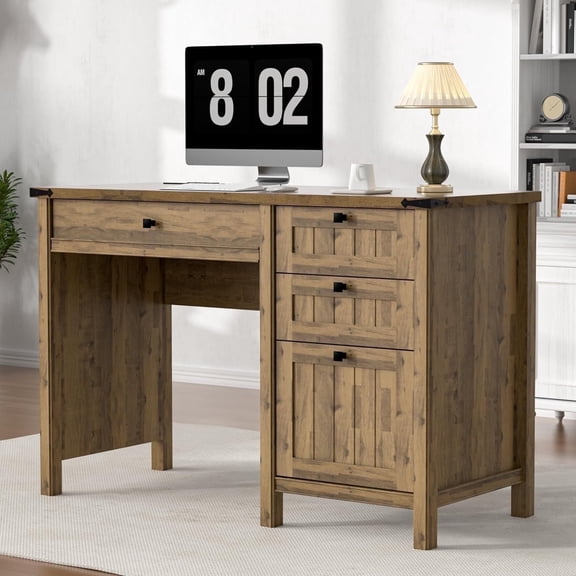 FIAKOA 45" Executive Desk, Modern Farmhouse Computer Desk with Drawers & Cabinet,Home Office Desk for Work Study,Brown